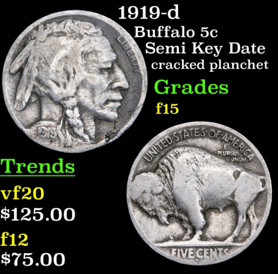 1919-d Buffalo Nickel 5c Grades f+