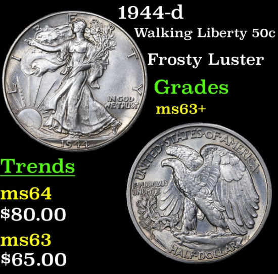 1944-d Walking Liberty Half Dollar 50c Grades Select+ Unc