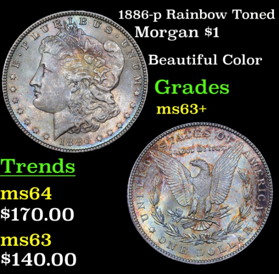 1886-p Rainbow Toned Morgan Dollar $1 Grades Select+ Unc