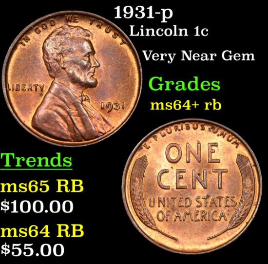 1931-p Lincoln Cent 1c Grades Choice+ Unc RB