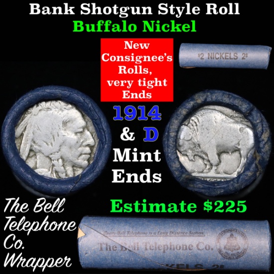 Buffalo Nickel Shotgun Roll in Old Bank Style 'Bell Telephone'  Wrapper 1914 & d Mint Ends