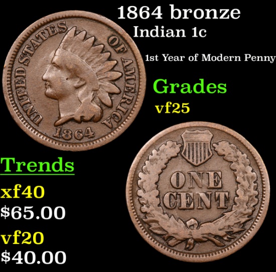 1864 bronze Indian Cent 1c Grades vf+