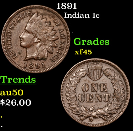 1891 Indian Cent 1c Grades xf+