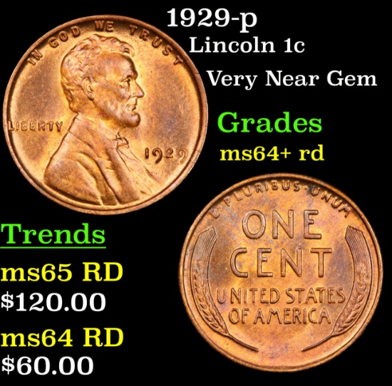 1929-p Lincoln Cent 1c Grades Choice+ Unc RD