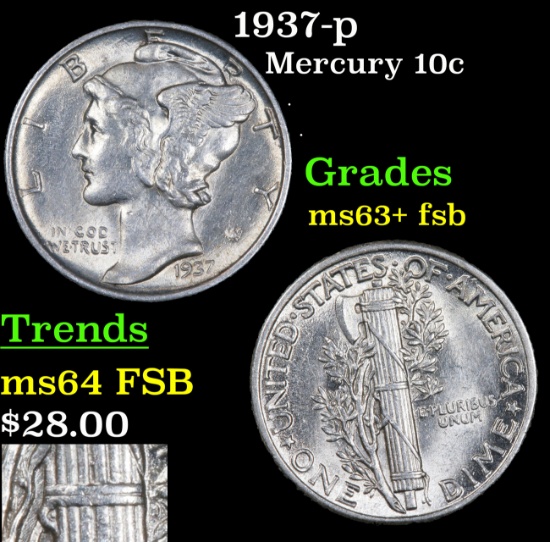 1937-p Mercury Dime 10c Grades Select Unc+ FSB