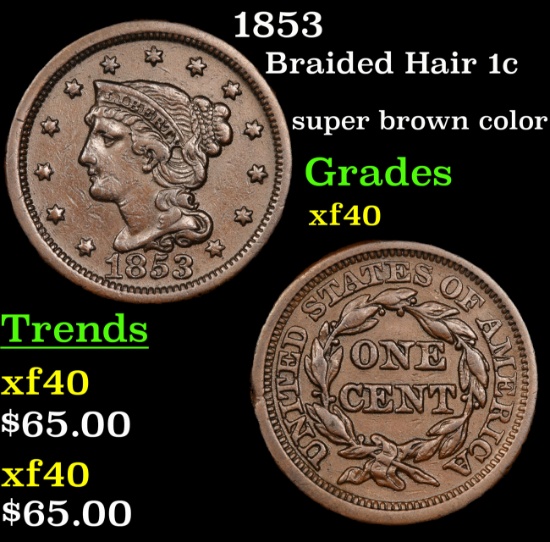 1853 Braided Hair Large Cent 1c Grades xf