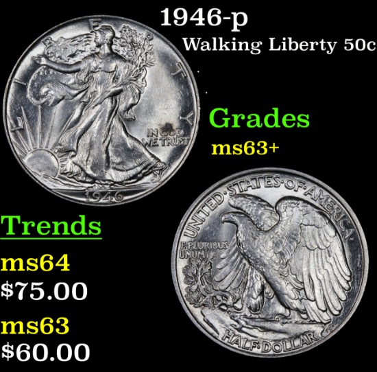 1946-p Walking Liberty Half Dollar 50c Grades Select+ Unc