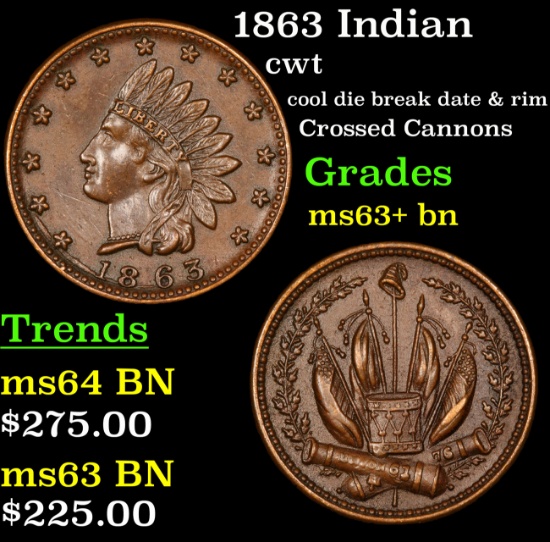 1863 Indian Civil War Token 1c Grades Select+ Unc BN