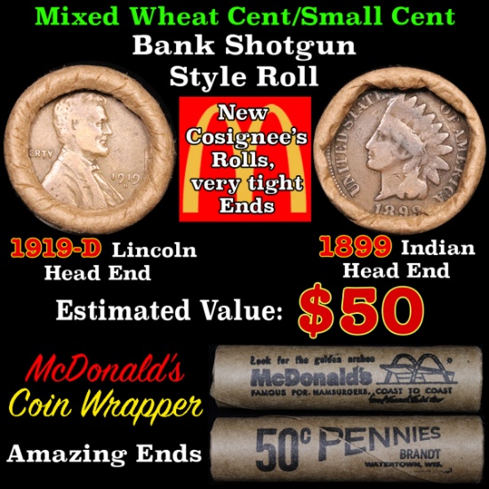 Mixed small cents 1c orig shotgun roll, 1919-d Wheat Cent, 1899 Indian Cent other end