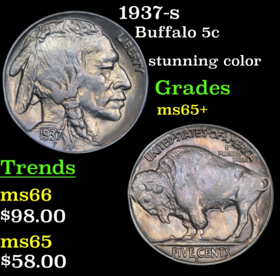 1937-s Buffalo Nickel 5c Grades GEM+ Unc