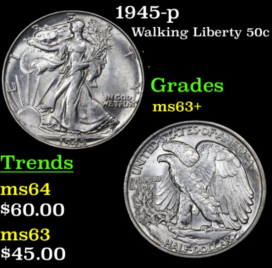 1945-p Walking Liberty Half Dollar 50c Grades Select+ Unc