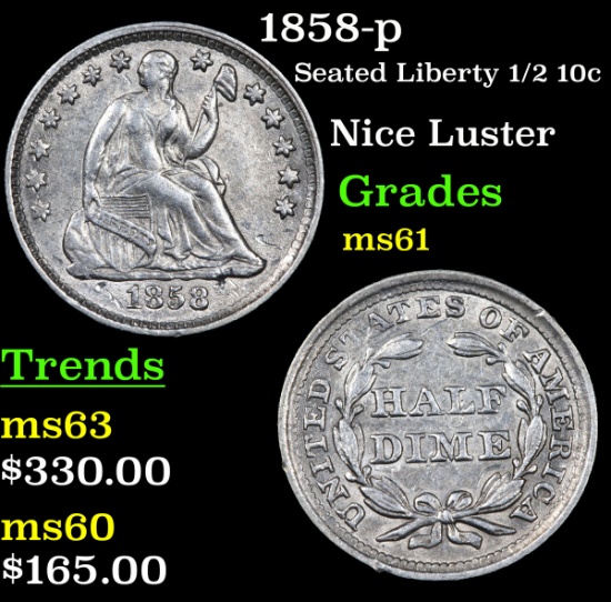 1858-p Seated Liberty Half Dime 1/2 10c Grades BU+