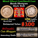 Mixed small cents 1c orig shotgun roll, 1918-d Wheat Cent, 1899 Indian Cent other end