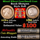 Mixed small cents 1c orig shotgun roll, 1918-s Wheat Cent, 1895 Indian Cent other end