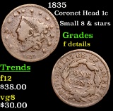 1835 Coronet Head Large Cent 1c Grades f details