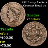 1832 Large Letters Coronet Head Large Cent 1c Grades vf details