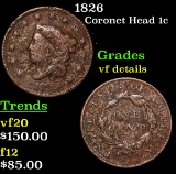 1826 Coronet Head Large Cent 1c Grades vf details