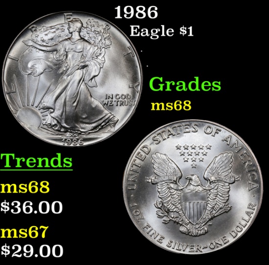 1986 Silver Eagle Dollar $1 Grades GEM+++ Unc