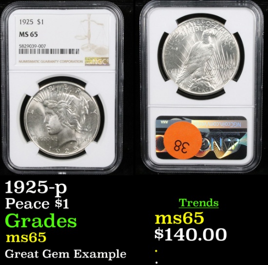 NGC 1925-p Peace Dollar $1 Graded ms65 By NGC