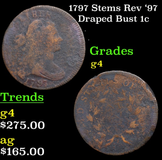 1797 Stems Rev '97 Draped Bust Large Cent 1c Grades g, good