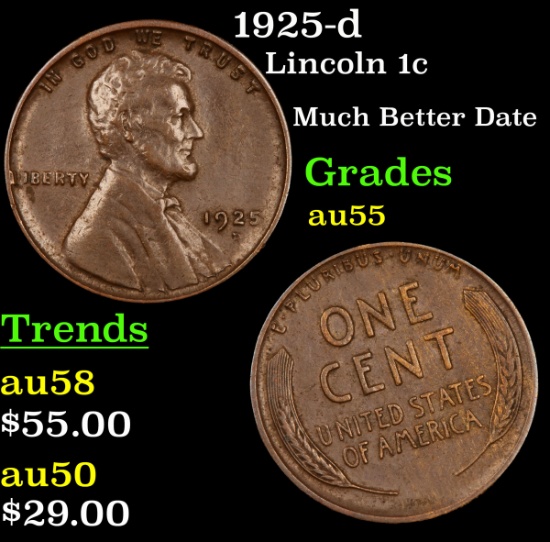 1925-d Lincoln Cent 1c Grades Choice AU