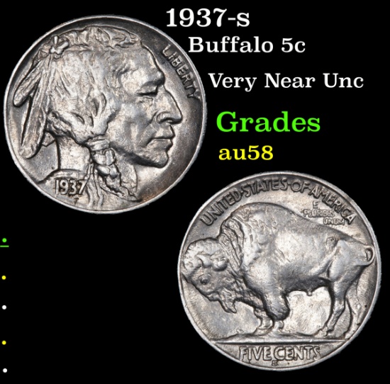 1937-s Buffalo Nickel 5c Grades Choice AU/BU Slider