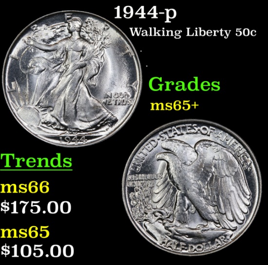 1944-p Walking Liberty Half Dollar 50c Grades GEM+ Unc