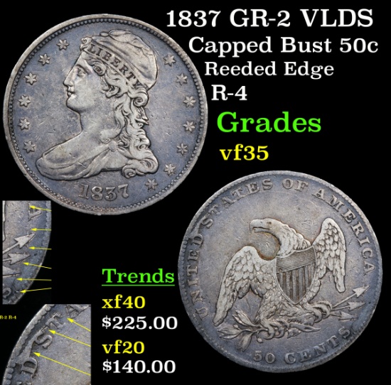 1837 GR-2 VLDS Capped Bust Half Dollar 50c Grades vf++
