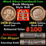 Mixed small cents 1c orig shotgun roll, 1916-d Wheat Cent, 1884 Indian Cent other end