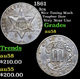 1861 Three Cent Silver 3cs Grades Choice AU/BU Slider