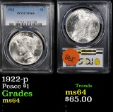 PCGS 1922-p Peace Dollar $1 Graded ms64 By PCGS