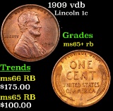 1909 vdb Lincoln Cent 1c Grades Gem+ Unc RB