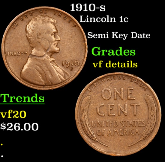 1910-s Lincoln Cent 1c Grades vf details