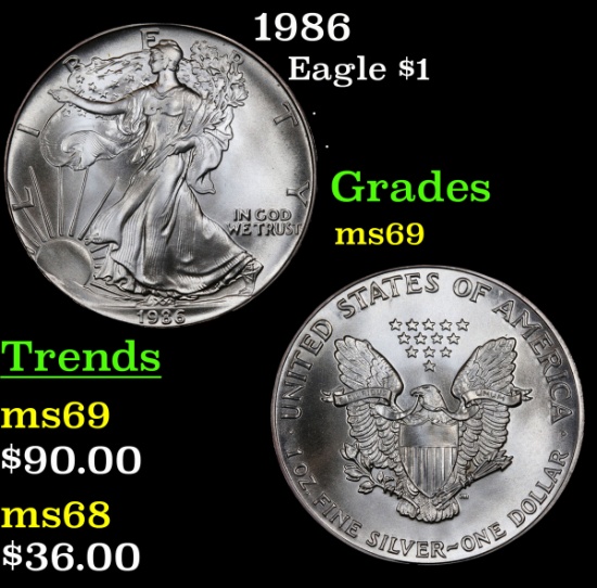 1986 Silver Eagle Dollar $1 Grades ms69