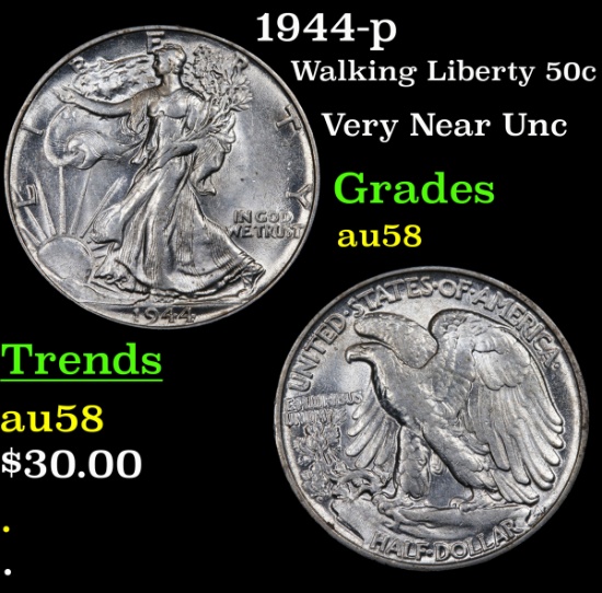 1944-p Walking Liberty Half Dollar 50c Grades Choice AU/BU Slider