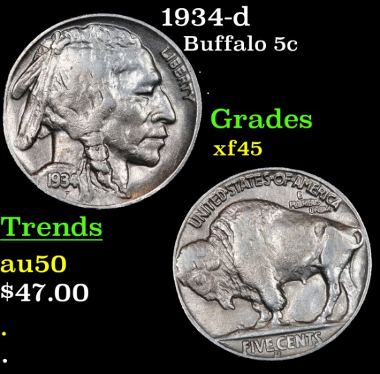 1934-d Buffalo Nickel 5c Grades xf+