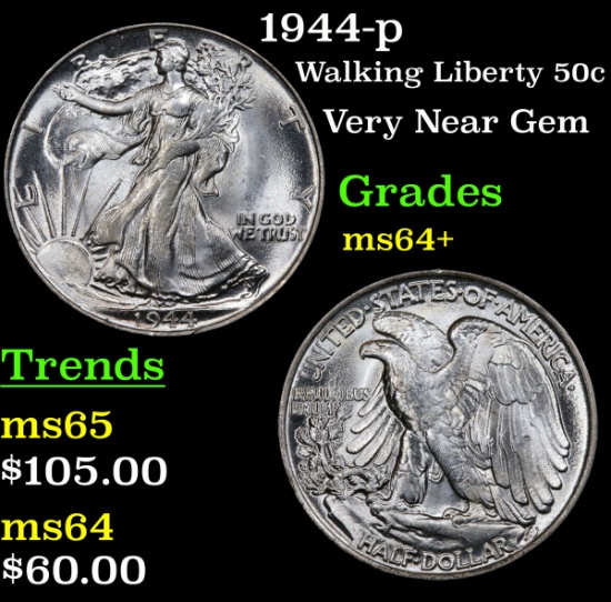 1944-p Walking Liberty Half Dollar 50c Grades Choice+ Unc