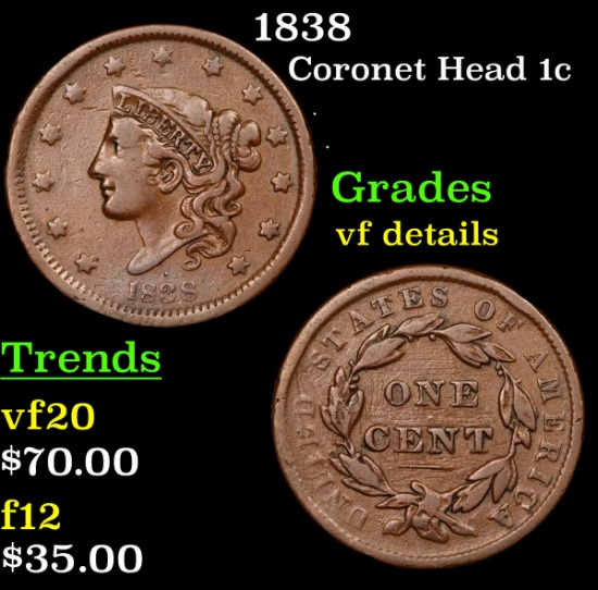 1838 Coronet Head Large Cent 1c Grades vf details