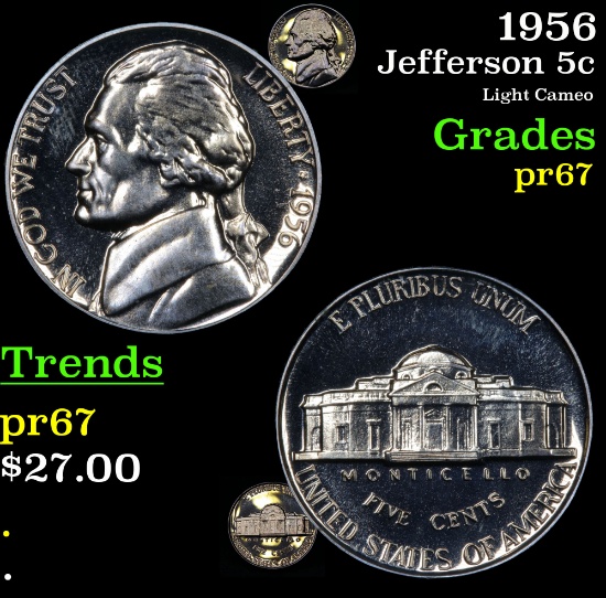 1956 Jefferson Nickel 5c Grades GEM++ Proof