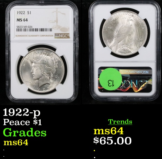1922-p Peace Dollar $1 Graded ms64 By NGC