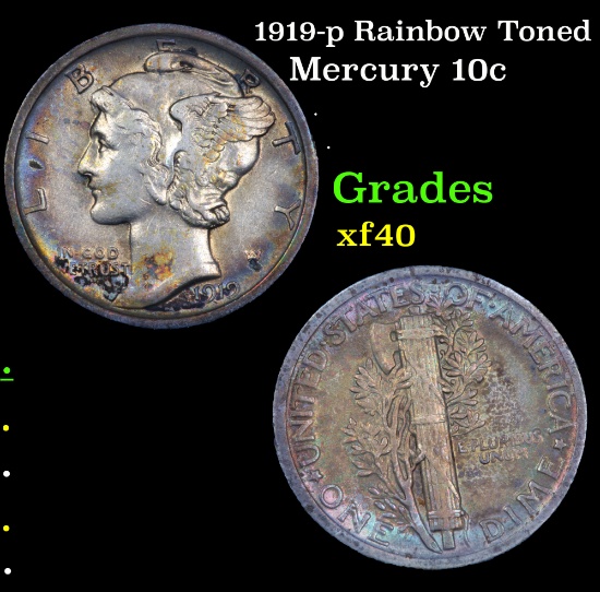 1919-p Rainbow Toned Mercury Dime 10c Grades xf