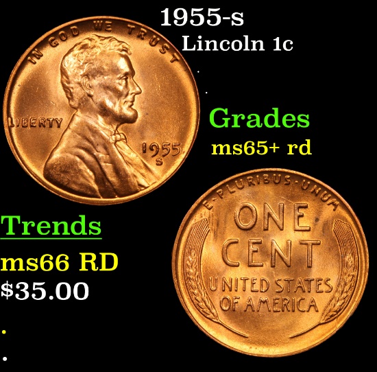 1955-s Lincoln Cent 1c Grades Gem+ Unc RD