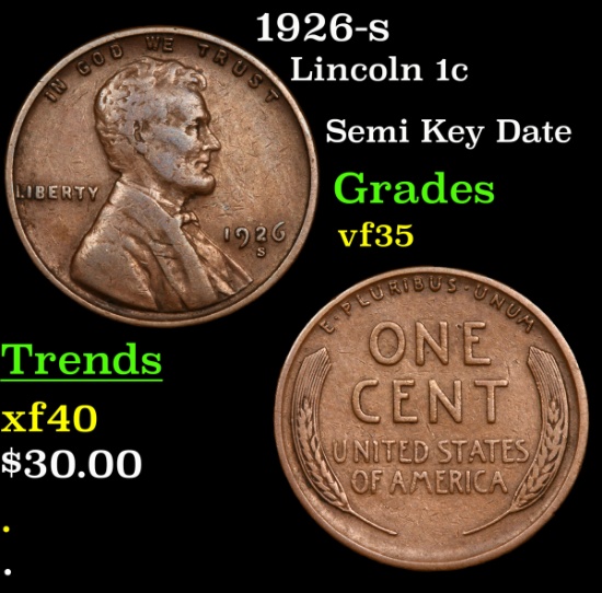 1926-s Lincoln Cent 1c Grades vf++