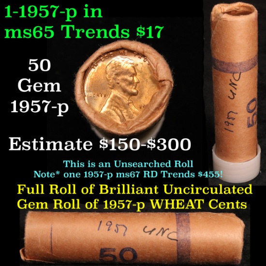 Uncirculated Lincoln cent 1c original shotgun roll, 1957-p