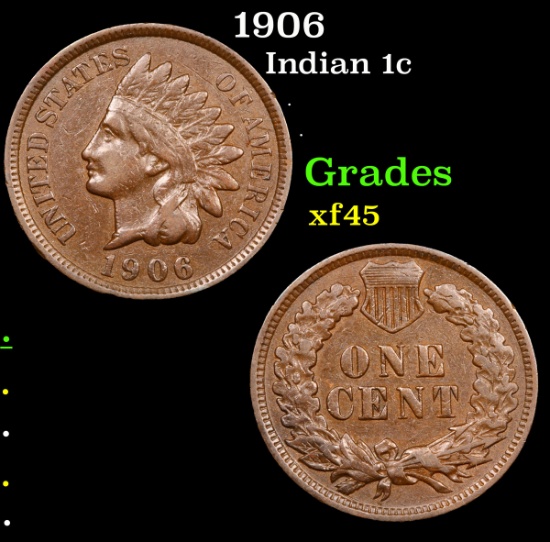 1906 Indian Cent 1c Grades xf+
