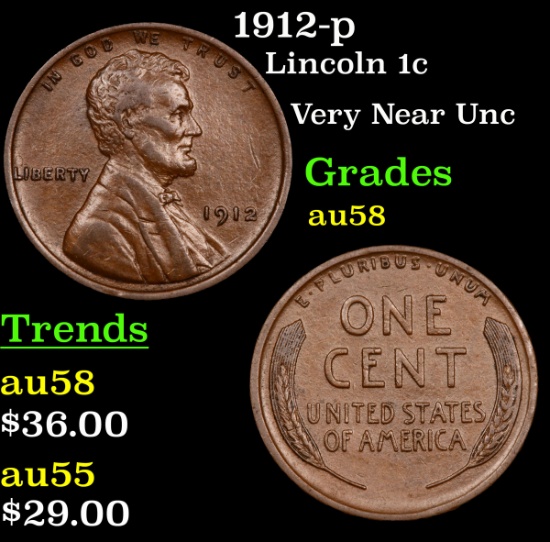 1912-p Lincoln Cent 1c Grades Choice AU/BU Slider