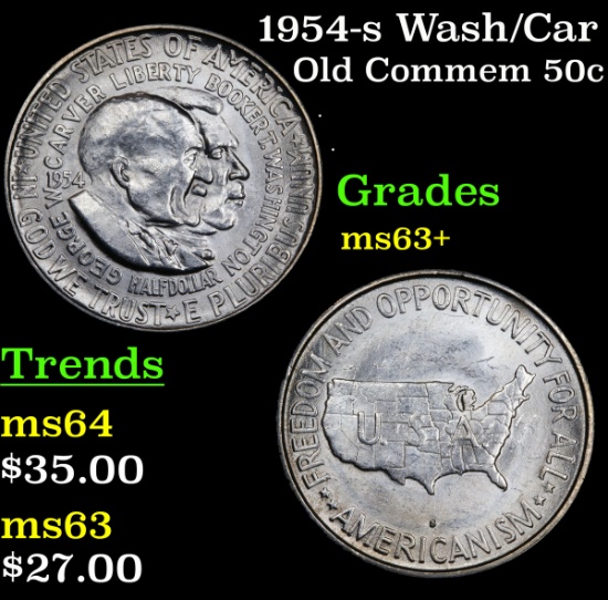 1954-s Wash/Car Old Commem Half Dollar 50c Grades Select+ Unc