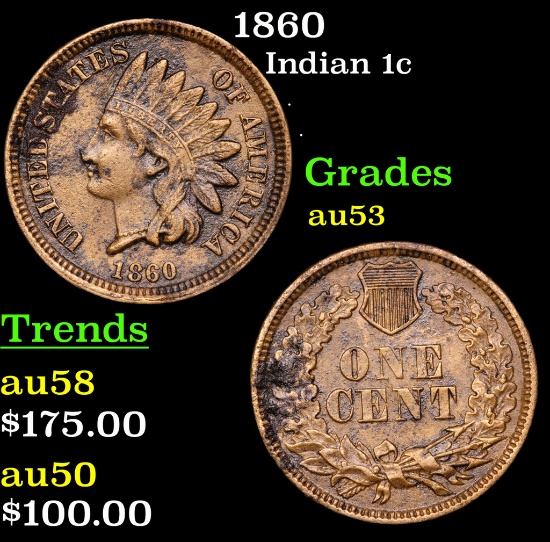 1860 Indian Cent 1c Grades Select AU