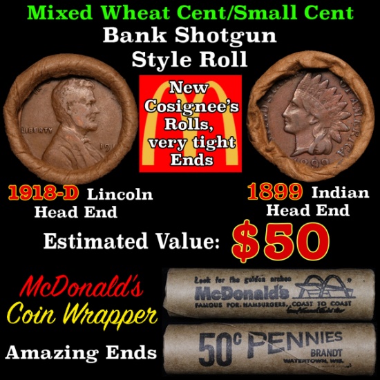 Mixed small cents 1c orig shotgun roll, 1918-d Wheat Cent, 1899 Indian Cent other end