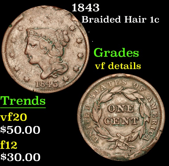 1843 Braided Hair Large Cent 1c Grades vf details